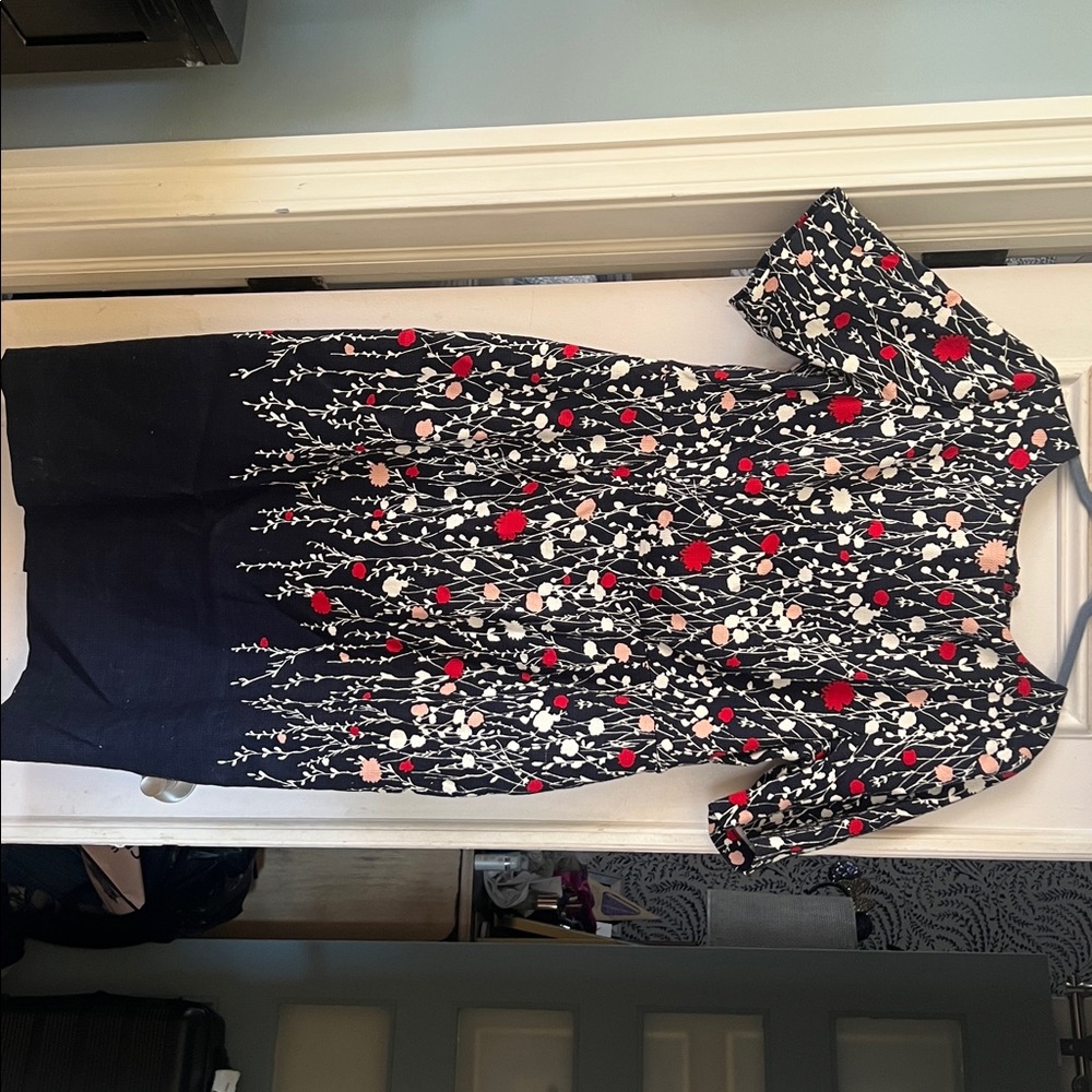 Boden Fleur Navy Floral Fitted Sheath Knee Length Cotton Dress Size 14L